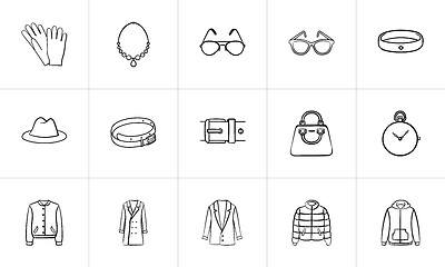 Image showing Clothing and accessory sketch icon set.