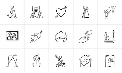 Image showing Wedding and family hand drawn sketch icon set.