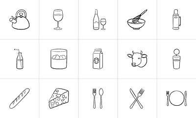 Image showing Food and drink hand drawn sketch icon set.