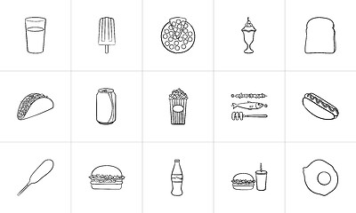 Image showing Food and drink hand drawn sketch icon set.