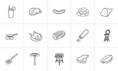 Image showing Food and drink hand drawn sketch icon set.