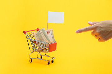 Image showing Hand points to a grocery cart with a bundle of notes and a white flag for inscription