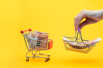 Image showing Five thousandth bills are in the grocery cart, a hand holds a grocery basket with bills