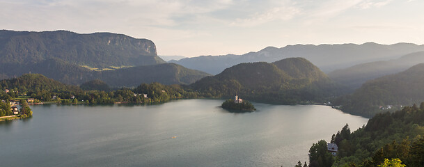 Image showing Lake Bled, island with a church and the alps in the background, Slovenia