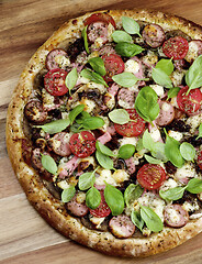 Image showing Pizza with Sausages and Tomatoes