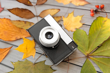 Image showing film camera and autumn leaves on wooden boards