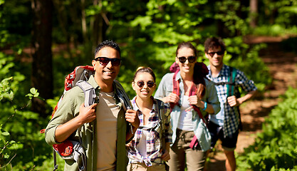 Image showing group of friends with backpacks hiking in forest