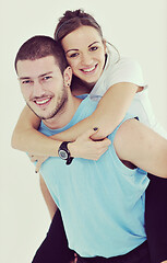 Image showing happy young couple fitness workout and fun