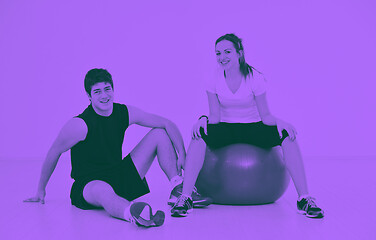 Image showing happy young couple fitness workout and fun