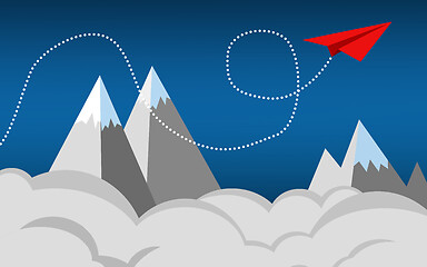 Image showing Paper plane flying over mountains