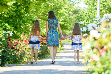 Image showing Mom walks down the path in the flowering garden by the hand with her two daughters back in the frame