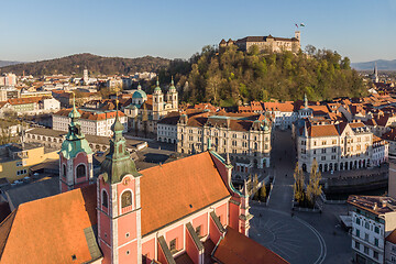 Image showing Aerial drone panoramic view of Ljubljana, capital of Slovenia in warm afternoon sun