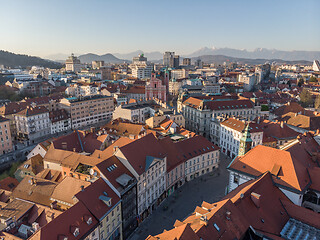 Image showing Panoramic view of Ljubljana, capital of Slovenia, at sunset. Empty streets of Slovenian capital during corona virus pandemic social distancing measures in 2020