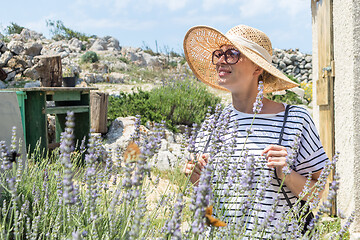 Image showing Beautiful blonde young female traveler wearing straw sun hat enjoying summer on Mediterranean cost strolling among lavander flowers on traditional costal village garden