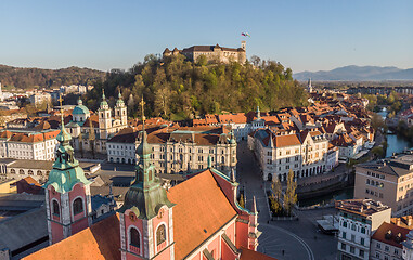 Image showing Aerial drone panoramic view of Ljubljana, capital of Slovenia in warm afternoon sun