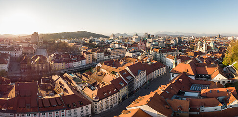 Image showing Panoramic view of Ljubljana, capital of Slovenia, at sunset. Empty streets of Slovenian capital during corona virus pandemic social distancing measures in 2020