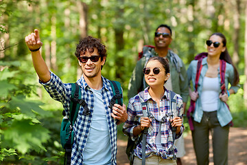 Image showing group of friends with backpacks hiking in forest