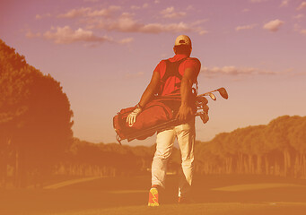 Image showing golfer  walking and carrying golf  bag