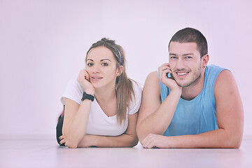 Image showing happy young couple fitness workout and fun