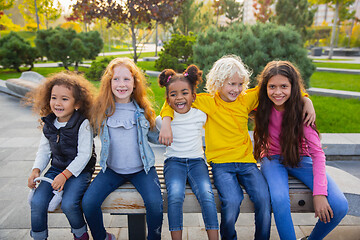 Image showing Interracial group of kids, girls and boys playing together at the park in summer day