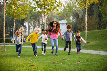 Image showing Interracial group of kids, girls and boys playing together at the park in summer day