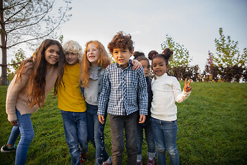 Image showing Interracial group of kids, girls and boys playing together at the park in summer day