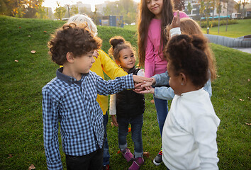 Image showing Interracial group of kids, girls and boys playing together at the park in summer day