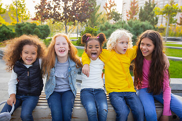 Image showing Interracial group of kids, girls and boys playing together at the park in summer day