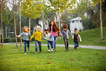 Image showing Interracial group of kids, girls and boys playing together at the park in summer day