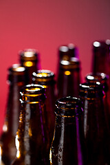 Image showing Neon colored beer bottles. Close up on bright studio background