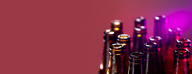 Image showing Neon colored beer bottles. Close up on bright studio background