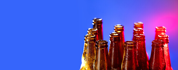 Image showing Neon colored beer bottles. Close up on bright studio background