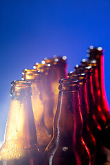 Image showing Neon colored beer bottles. Close up on bright studio background