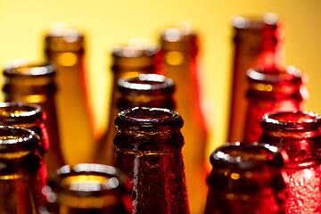 Image showing Neon colored beer bottles. Close up on bright studio background