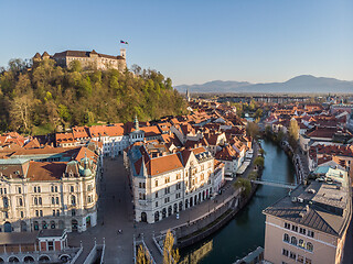 Image showing Aerial drone panoramic view of Ljubljana, capital of Slovenia in warm afternoon sun