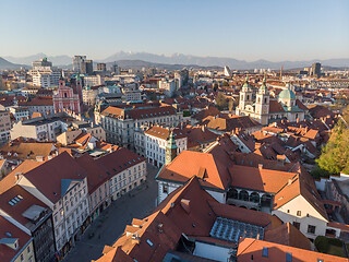 Image showing Panoramic view of Ljubljana, capital of Slovenia, at sunset. Empty streets of Slovenian capital during corona virus pandemic social distancing measures in 2020