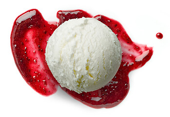 Image showing vanilla ice cream on blackcurrant jam