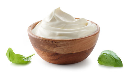 Image showing wooden bowl of whipped sour cream yogurt