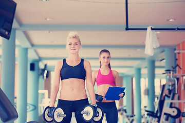 Image showing young woman in fitness gym lifting  weights