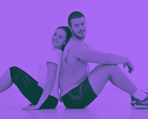 Image showing happy young couple fitness workout and fun