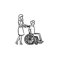 Image showing Disable person in wheelchair hand drawn outline doodle icon.