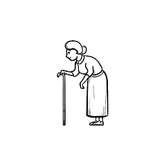 Image showing An old woman with cane hand drawn outline doodle icon.