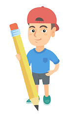 Image showing Caucasian kid boy standing with a huge pencil.
