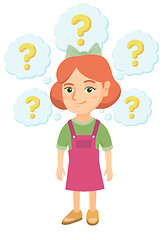 Image showing Thinking caucasian girl with question marks.