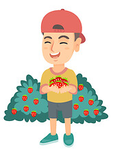 Image showing Caucasian boy holding fresh strawberries in hands.