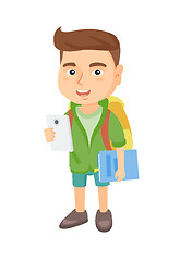 Image showing Caucasian schoolboy holding cellphone and textbook