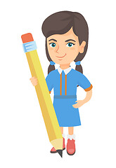 Image showing Caucasian kid girl standing with a huge pencil.