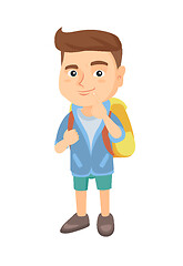 Image showing Caucasian little boy with school bag thinking.