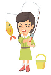 Image showing Little girl holding fishing rod with fish on hook.