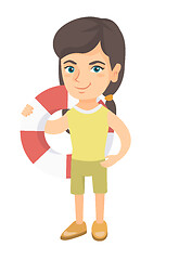 Image showing Little caucasian girl holding a red-white lifebuoy